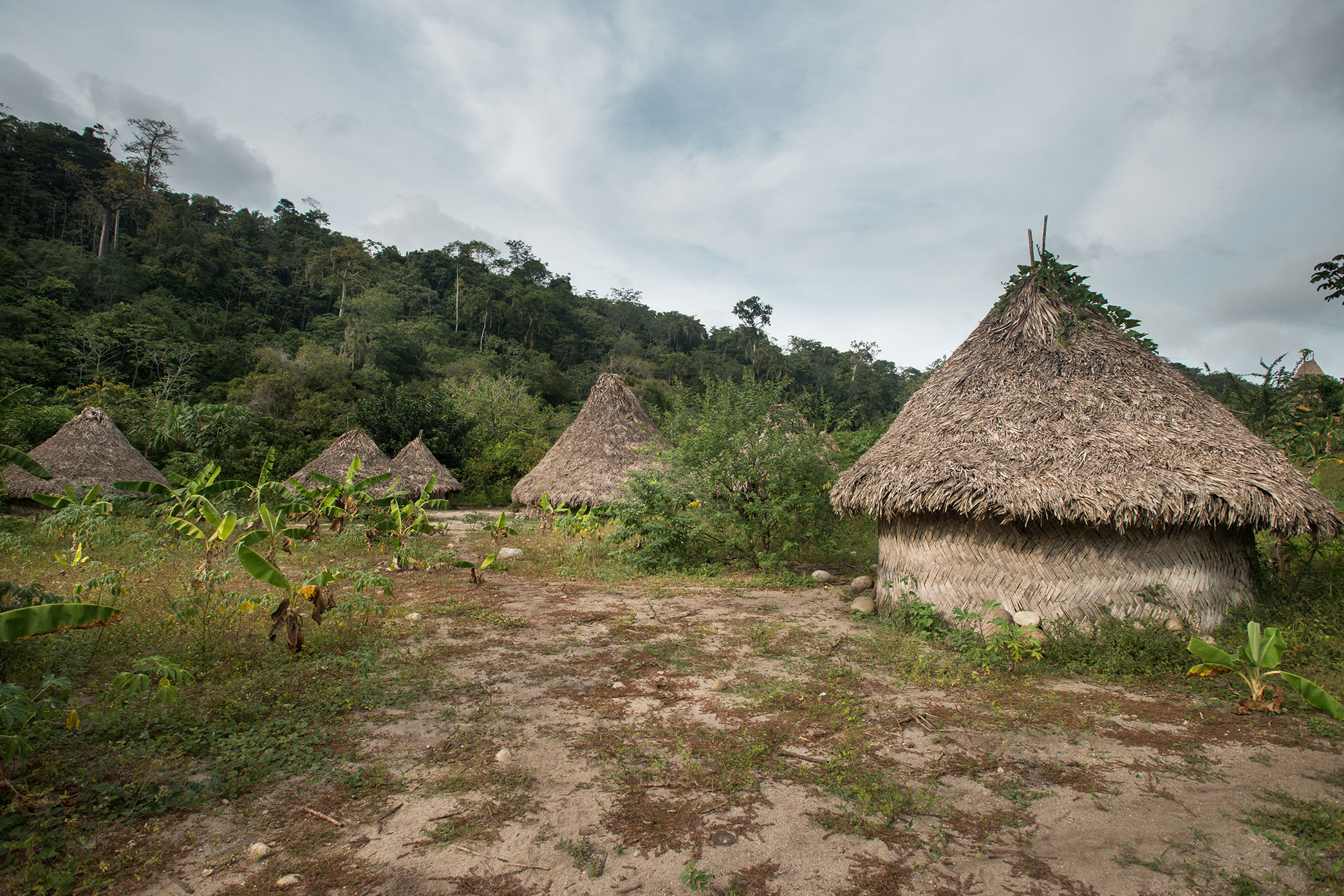 Varias casas en una aldea Kogui de la Sierra Nevada de Santa Marta. Hace parte de los territorios con comunidades indígenas