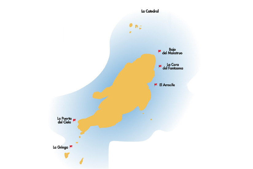 Some of the recommended stops on Malpelo Island. 