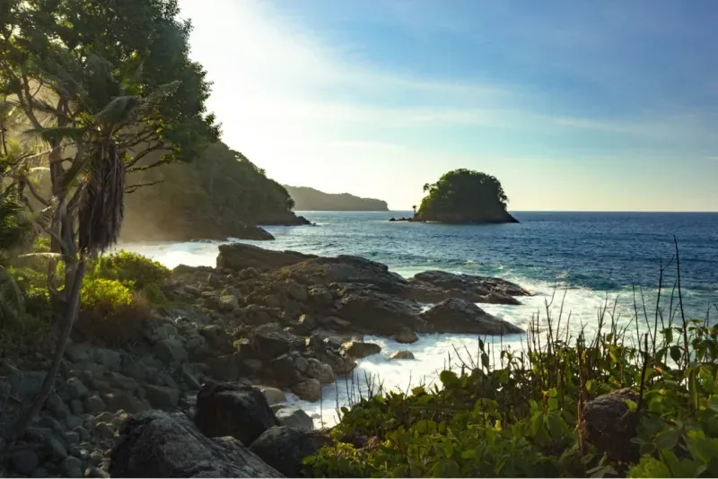 Costa rocosa con olas, vegetación exuberante y un pequeño islote en el horizonte marino.
