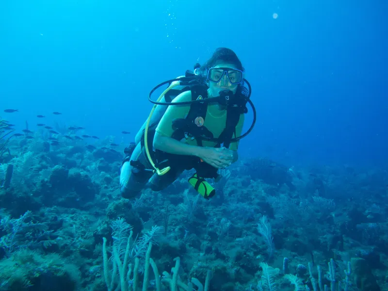 A tourist is diving into the blue sea of San Andrés. This is part of the diving activity.