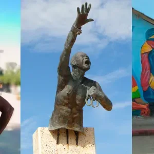 Mujer palenquera, escultura en San Basilio y mural.
